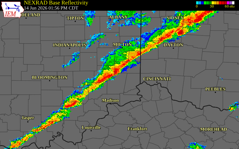 NEXRAD radar during the Sunday, June 14, 2026 storm activity in Dearborn County, Indiana