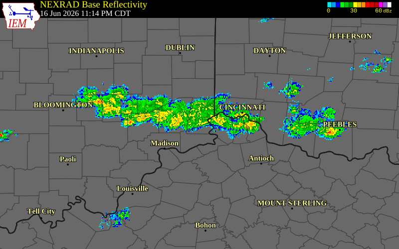 NEXRAD radar during the Wednesday, June 17, 2026 storm activity in Dearborn County, Indiana