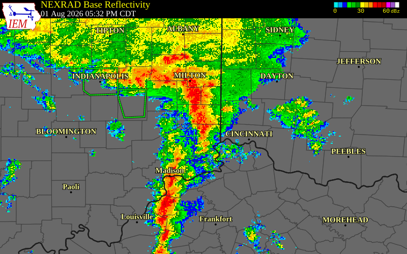 NEXRAD radar during the Saturday, August 1, 2026 storm activity in Dearborn County, Indiana