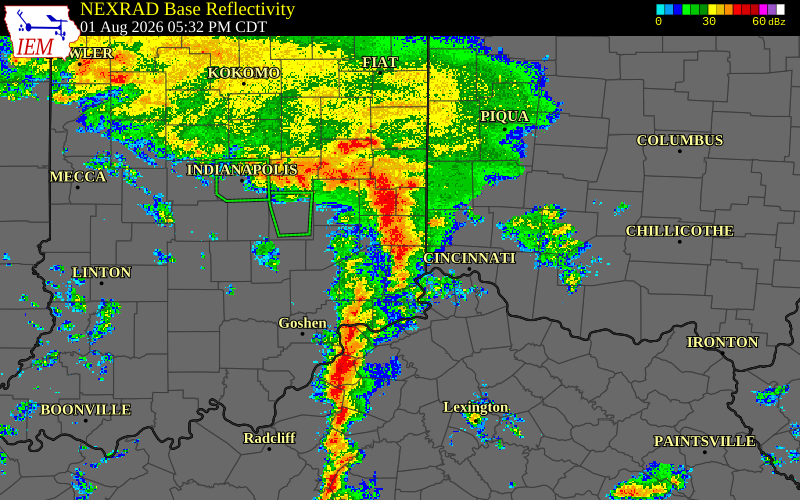 Radar snapshot during the Aug 1, 2026 tornado event near 3 WSW Saint Leon, Dearborn County, Indiana, with NWS warning polygons
