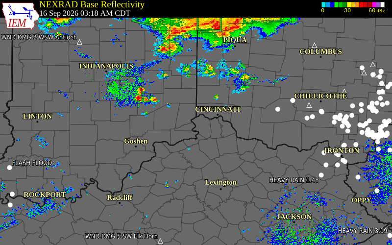 Current NEXRAD radar over Dearborn County, Indiana with recent storm report locations