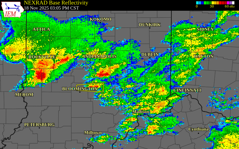 NEXRAD radar during the Tuesday, November 18, 2025 storm activity in Decatur County, Indiana