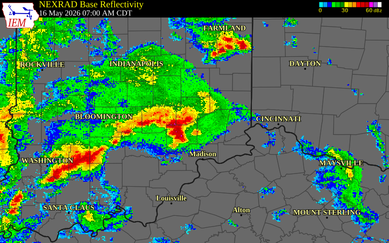 NEXRAD radar during the Saturday, May 16, 2026 storm activity in Decatur County, Indiana