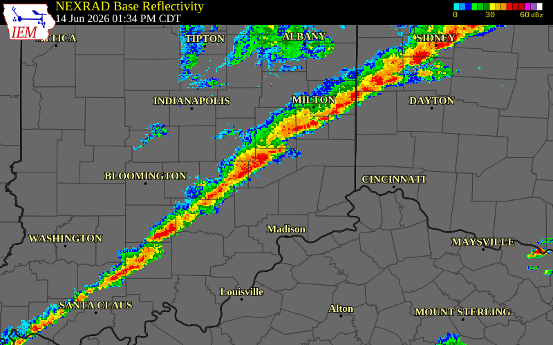 NEXRAD radar during the Sunday, June 14, 2026 storm activity in Decatur County, Indiana