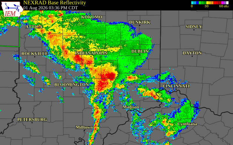 NEXRAD radar during the Saturday, August 1, 2026 storm activity in Decatur County, Indiana