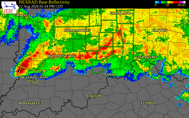 NEXRAD radar during the Wednesday, August 12, 2026 storm activity in Decatur County, Indiana