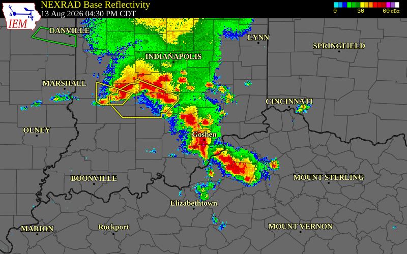 Radar snapshot during the Aug 13, 2026 wind event near Decatur County, Decatur County, Indiana, with NWS warning polygons