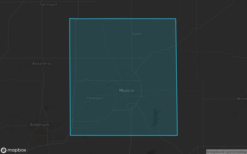 Map of Delaware County, Indiana showing the county boundary and surrounding cities