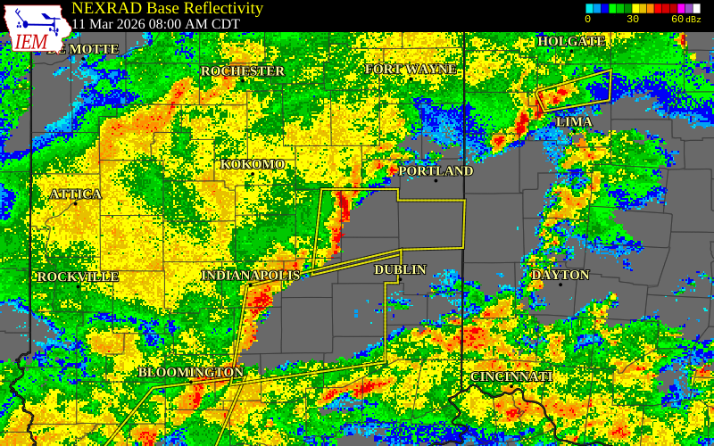 NEXRAD radar during the Wednesday, March 11, 2026 storm activity in Delaware County, Indiana