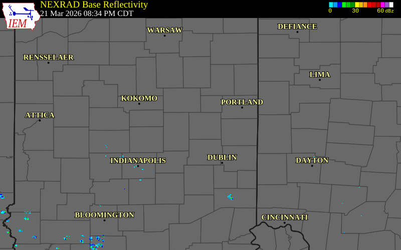 NEXRAD radar during the Saturday, March 21, 2026 storm activity in Delaware County, Indiana