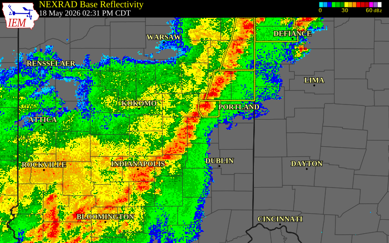 NEXRAD radar during the Monday, May 18, 2026 storm activity in Delaware County, Indiana