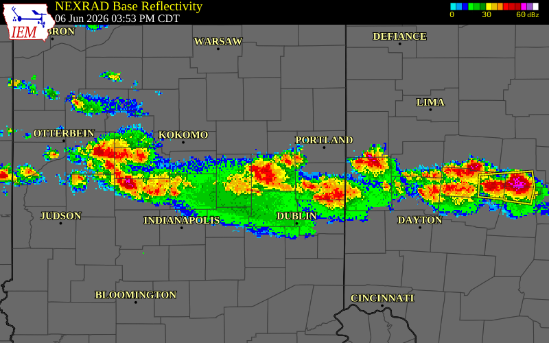 NEXRAD radar during the Saturday, June 6, 2026 storm activity in Delaware County, Indiana