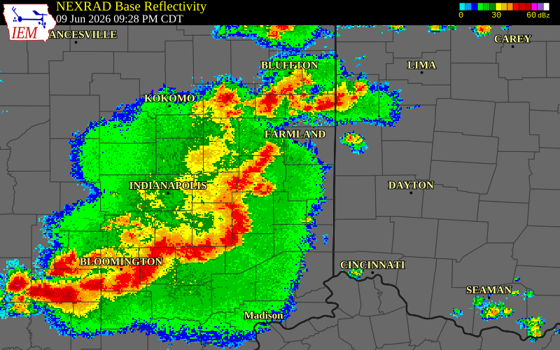 NEXRAD radar during the Tuesday, June 9, 2026 storm activity in Delaware County, Indiana