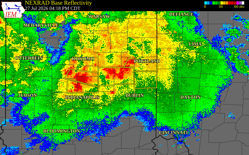NEXRAD radar during the Monday, July 27, 2026 storm activity in Delaware County, Indiana
