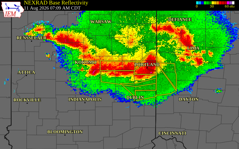 NEXRAD radar during the Tuesday, August 11, 2026 storm activity in Delaware County, Indiana