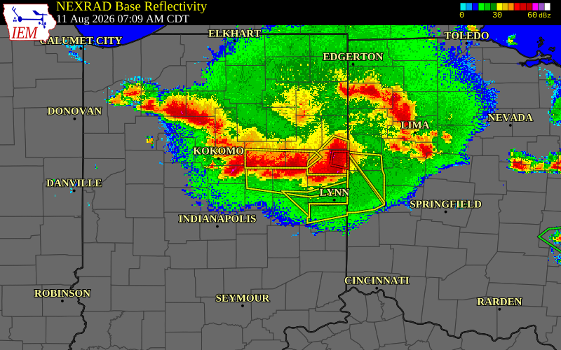 Radar snapshot during the Aug 11, 2026 wind event near Gaston, Delaware County, Indiana, with NWS warning polygons