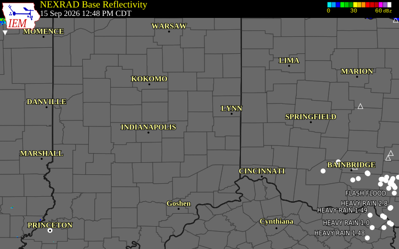 Current NEXRAD radar over Delaware County, Indiana with recent storm report locations