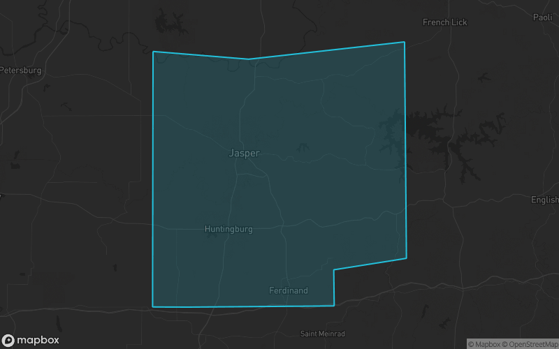 Map of Dubois County, Indiana showing the county boundary and surrounding cities