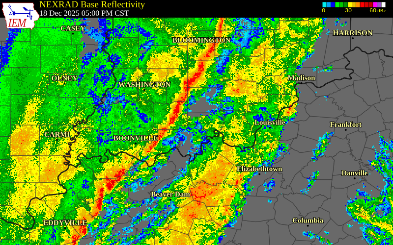 NEXRAD radar during the Thursday, December 18, 2025 storm activity in Dubois County, Indiana