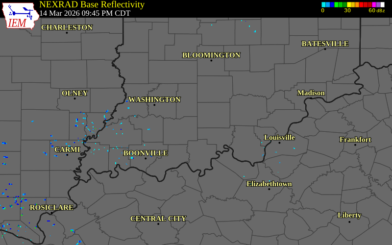 NEXRAD radar during the Saturday, March 14, 2026 storm activity in Dubois County, Indiana