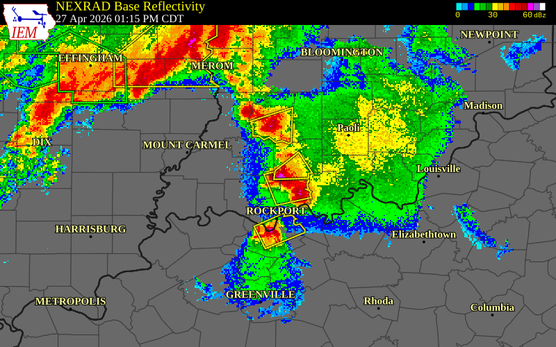 NEXRAD radar during the Monday, April 27, 2026 storm activity in Dubois County, Indiana