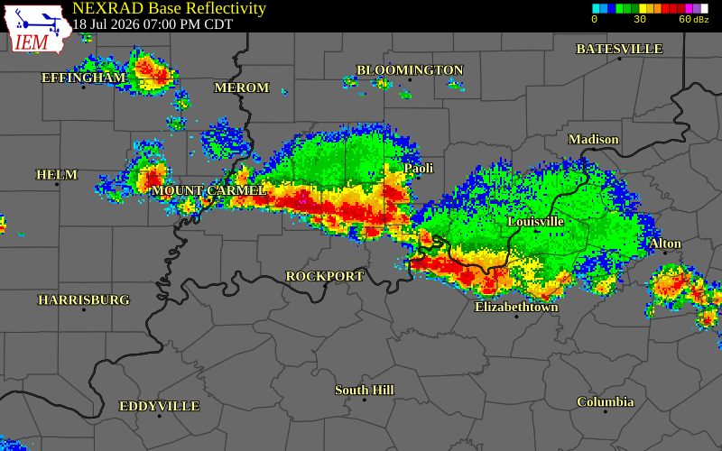 NEXRAD radar during the Saturday, July 18, 2026 storm activity in Dubois County, Indiana