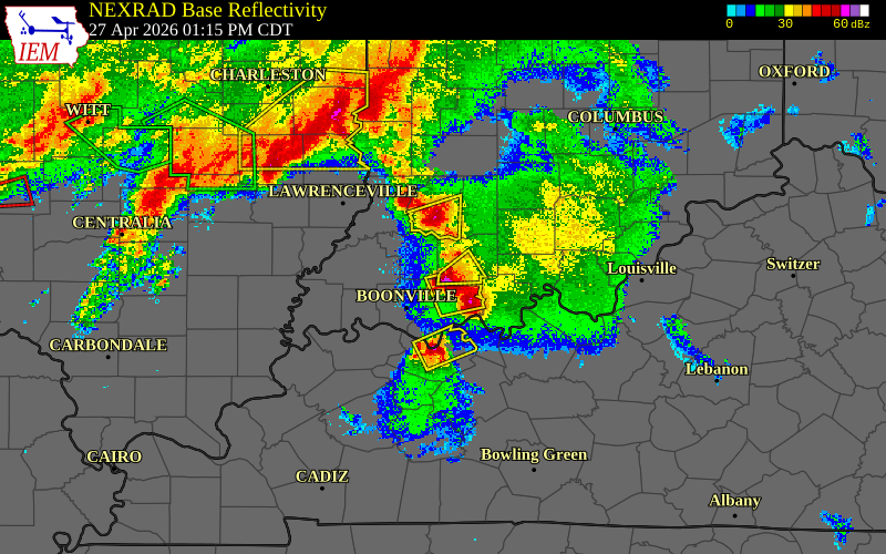 Radar snapshot during the Apr 27, 2026 hail event near Holland, Dubois County, Indiana, with NWS warning polygons