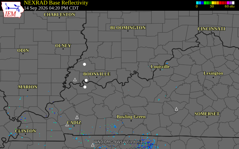 Current NEXRAD radar over Dubois County, Indiana with recent storm report locations