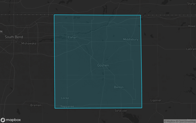 Map of Elkhart County, Indiana showing the county boundary and surrounding cities