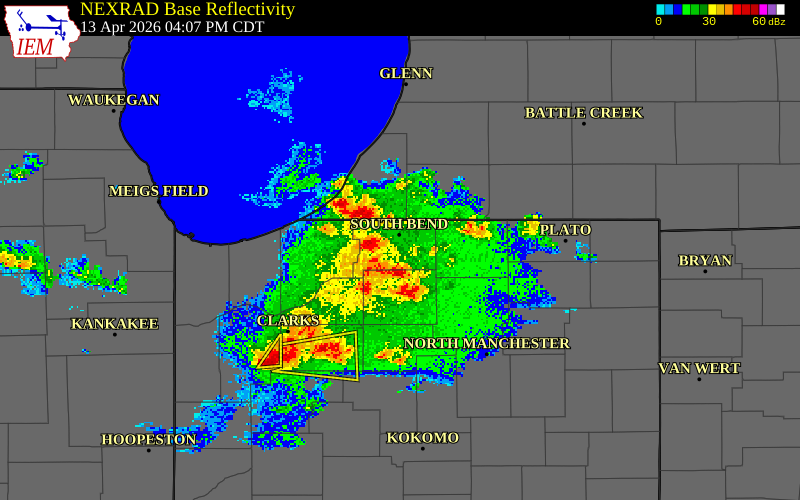 NEXRAD radar during the Monday, April 13, 2026 storm activity in Elkhart County, Indiana