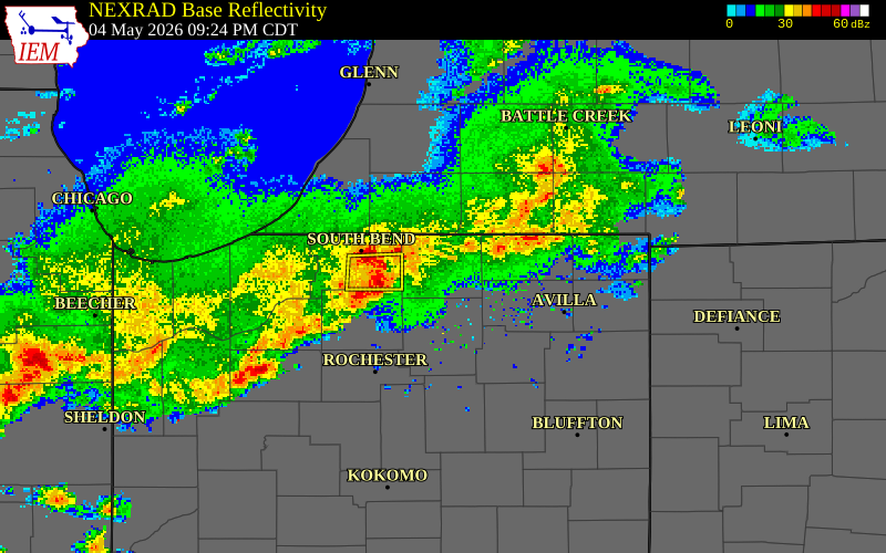 NEXRAD radar during the Monday, May 4, 2026 storm activity in Elkhart County, Indiana
