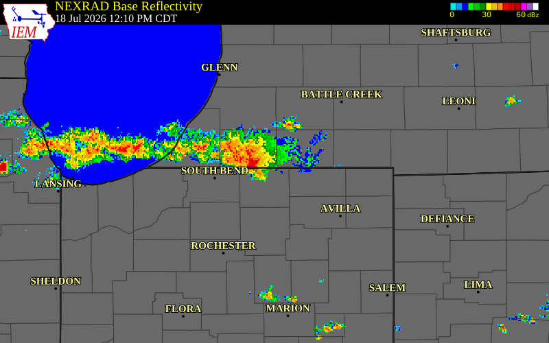 NEXRAD radar during the Saturday, July 18, 2026 storm activity in Elkhart County, Indiana