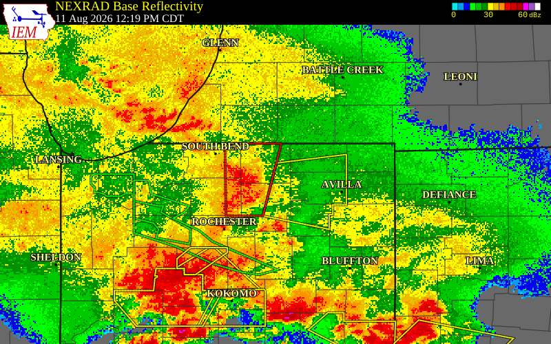 NEXRAD radar during the Tuesday, August 11, 2026 storm activity in Elkhart County, Indiana