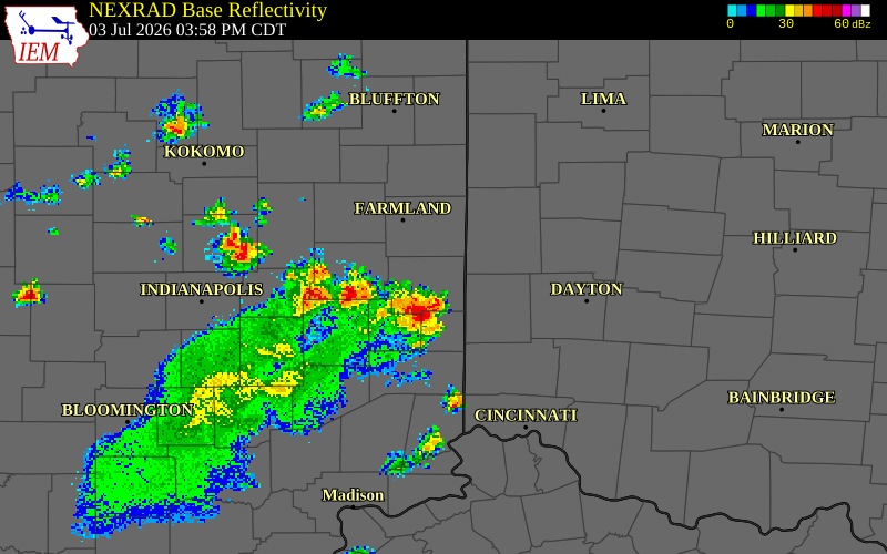 NEXRAD radar during the Friday, July 3, 2026 storm activity in Fayette County, Indiana