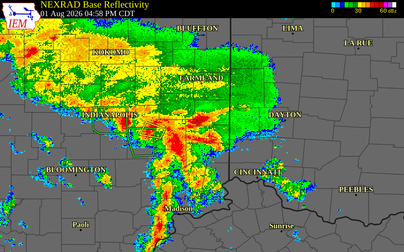 NEXRAD radar during the Saturday, August 1, 2026 storm activity in Fayette County, Indiana