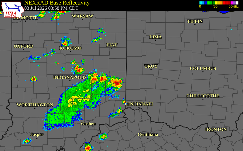 Radar snapshot during the Jul 3, 2026 wind event near Fayette County, Fayette County, Indiana, with NWS warning polygons