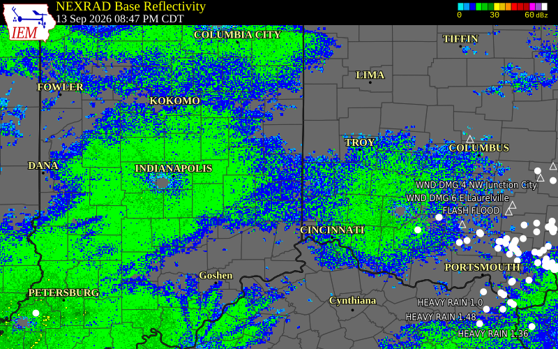 Current NEXRAD radar over Fayette County, Indiana with recent storm report locations