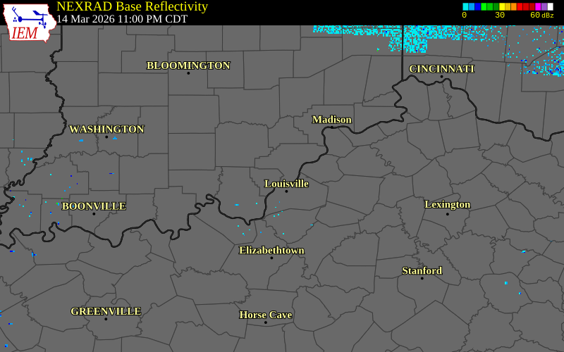 NEXRAD radar during the Sunday, March 15, 2026 storm activity in Floyd County, Indiana