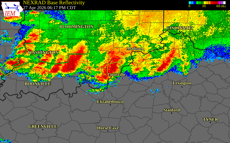 NEXRAD radar during the Monday, April 27, 2026 storm activity in Floyd County, Indiana