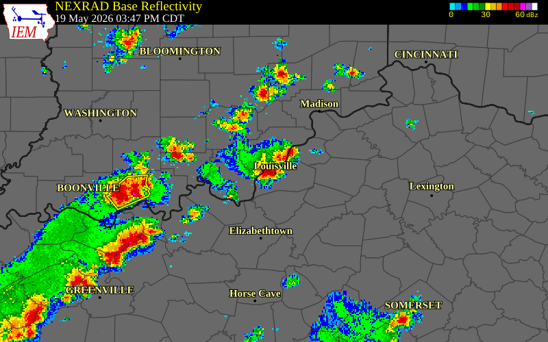 NEXRAD radar during the Tuesday, May 19, 2026 storm activity in Floyd County, Indiana