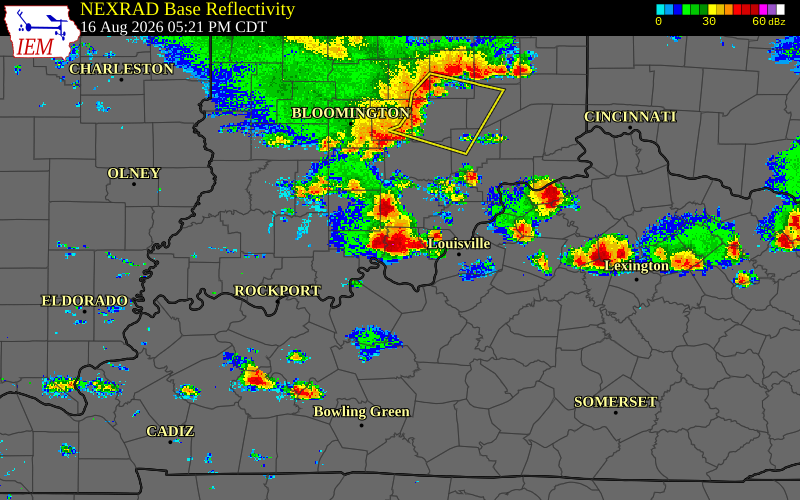 Radar snapshot during the Apr 27, 2026 wind event near 1 W Cementville, Floyd County, Indiana, with NWS warning polygons
