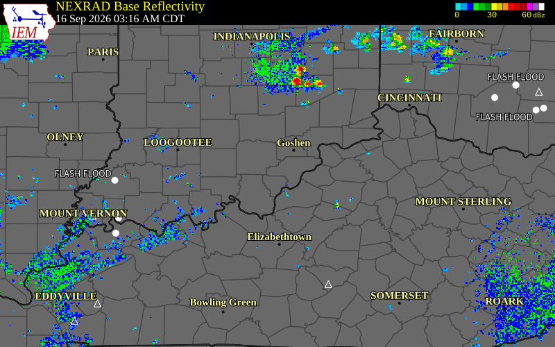 Current NEXRAD radar over Floyd County, Indiana with recent storm report locations