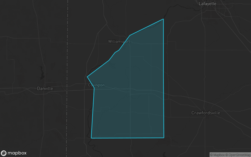 Map of Fountain County, Indiana showing the county boundary and surrounding cities