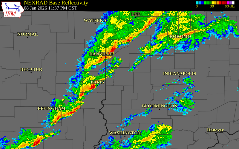 NEXRAD radar during the Friday, January 9, 2026 storm activity in Fountain County, Indiana