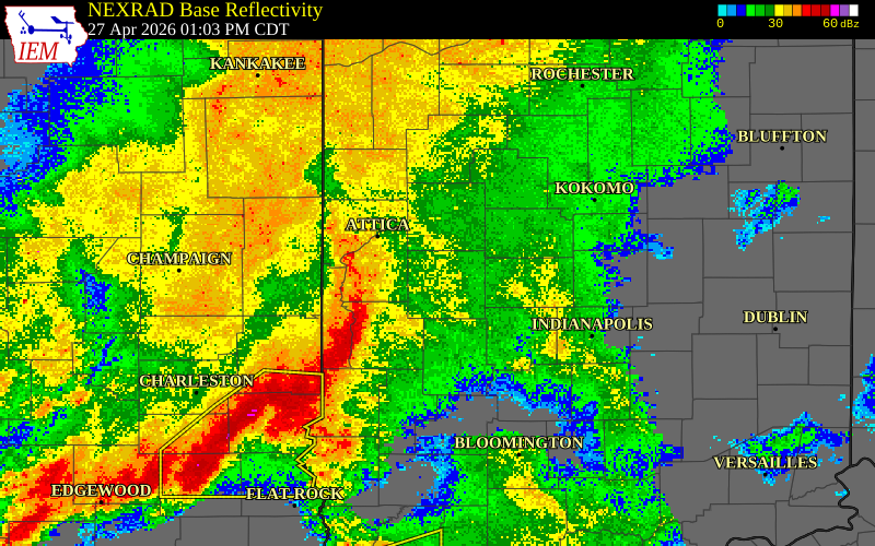 NEXRAD radar during the Monday, April 27, 2026 storm activity in Fountain County, Indiana