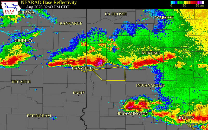 NEXRAD radar during the Tuesday, August 11, 2026 storm activity in Fountain County, Indiana