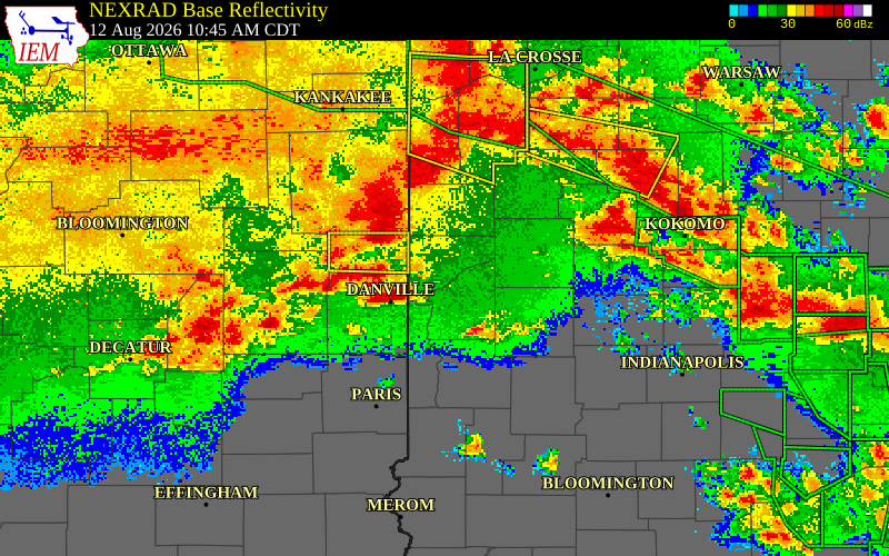 NEXRAD radar during the Wednesday, August 12, 2026 storm activity in Fountain County, Indiana