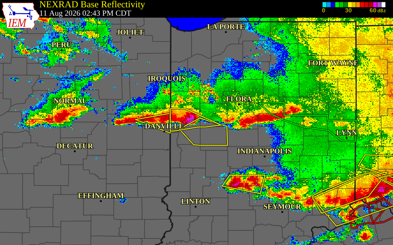Radar snapshot during the Aug 11, 2026 hail event near 5 N Newtown, Fountain County, Indiana, with NWS warning polygons