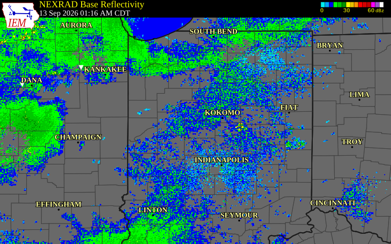 Current NEXRAD radar over Fountain County, Indiana with recent storm report locations