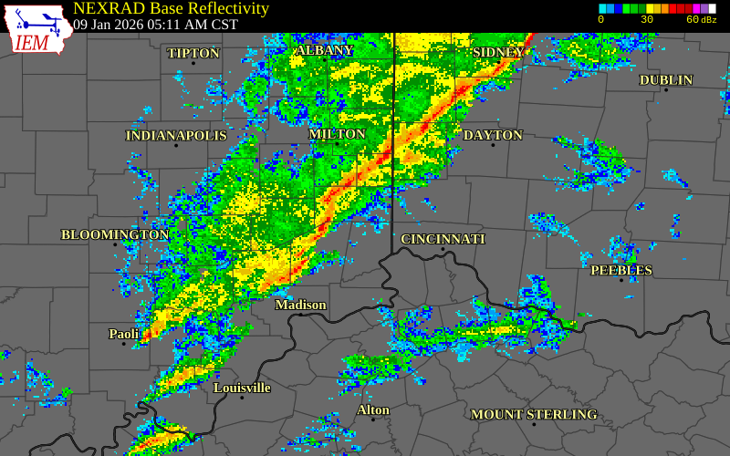 NEXRAD radar during the Friday, January 9, 2026 storm activity in Franklin County, Indiana